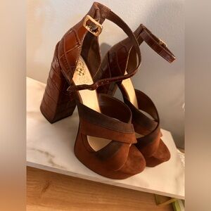 Vince Camuto Cognac and Chocolate Platform Sandals